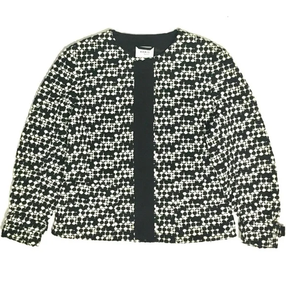 AKRIS PUNTO Blazer Jacket Tweed Dot Embroidered Wool Belted Waist Black White 8 - Picture 3 of 16